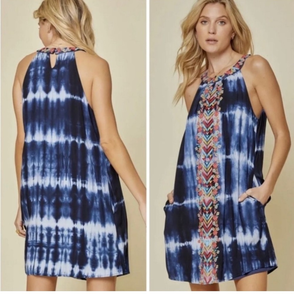 Savanna Jane Blue Tie Dye Embroidered Dress 1X